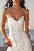 Load image into Gallery viewer, Sparkly Ivory Sequin Spaghetti Straps Maxi Wedding Reception Dress