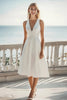 Load image into Gallery viewer, Ivory Satin A Line V-Neck Midi Engagement Dress with Beading