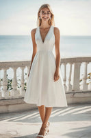 Load image into Gallery viewer, Ivory Satin A Line V-Neck Midi Engagement Dress with Beading