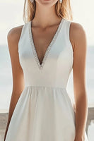 Load image into Gallery viewer, Ivory Satin A Line V-Neck Midi Engagement Dress with Beading
