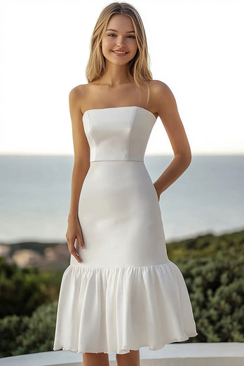 Simple Ivory Satin A Line Strapless Engagement Dress