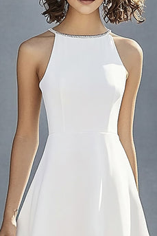 Ivory Satin A Line Halter Little White Dress
