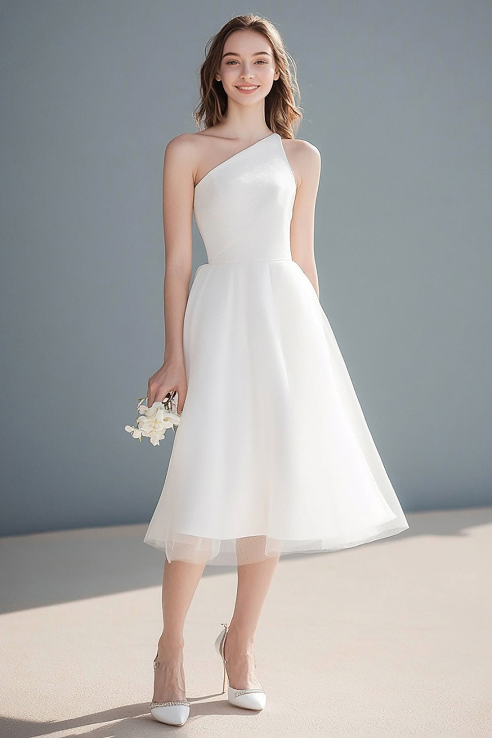Simple Ivory A Line One Shoulder Midi Tulle Wedding Reception Dress