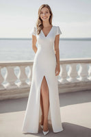 Load image into Gallery viewer, Simple Ivory Satin Mini Sleeves Maxi Wedding Reception Dress with Slit