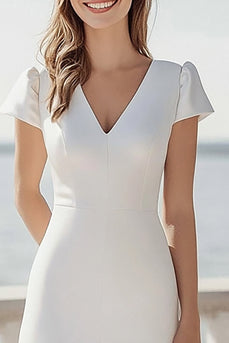 Simple Ivory Satin Mini Sleeves Maxi Wedding Reception Dress with Slit