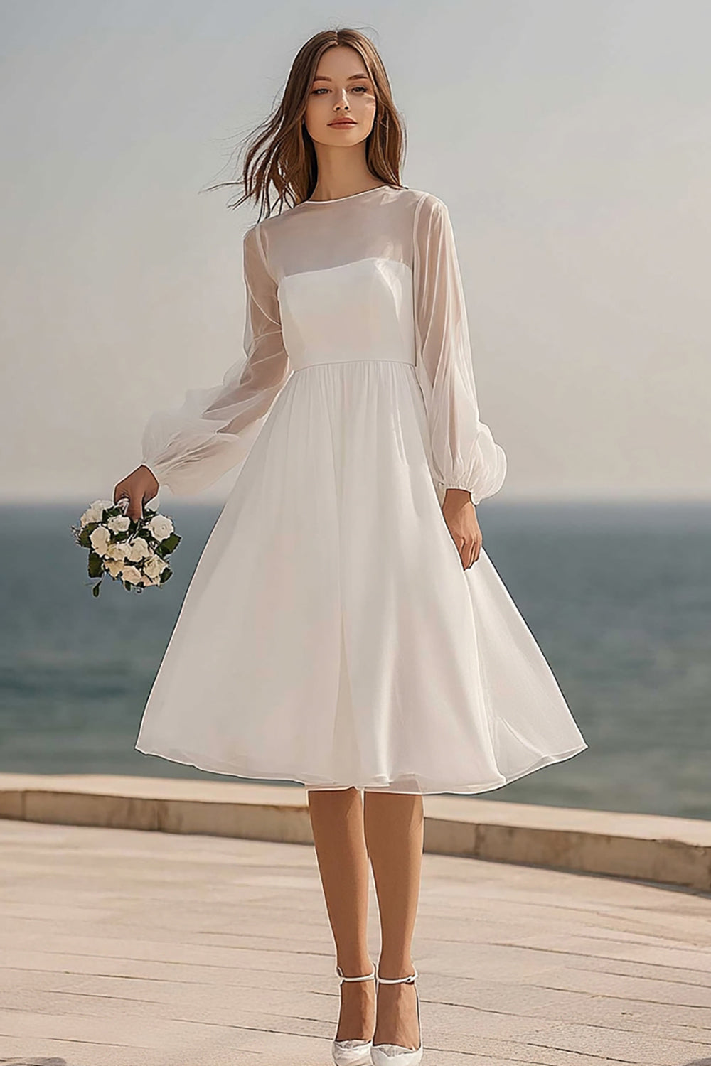 Elegant Ivory Tulle Long Sleeves Midi Bridal Shower Dress
