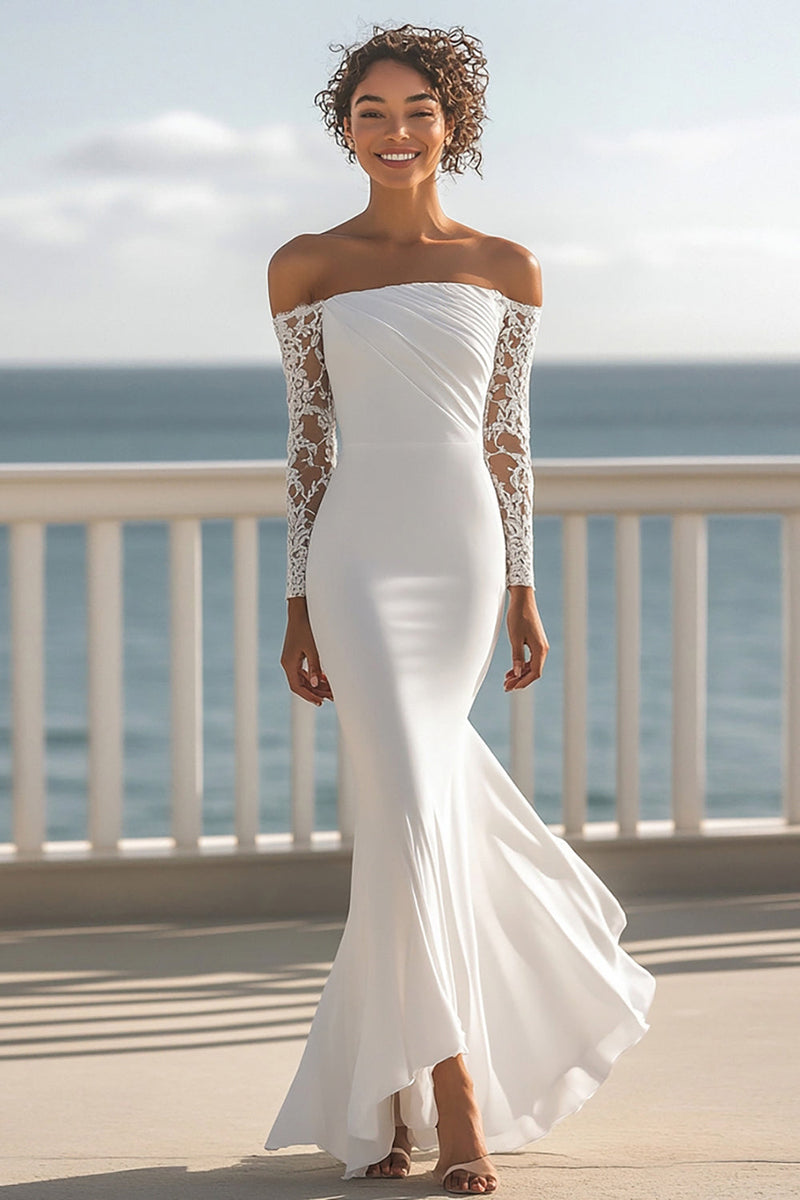 Load image into Gallery viewer, Ivory Mermaid Chiffon Maxi Rehearsal Dinner Dress with Long Sleeves