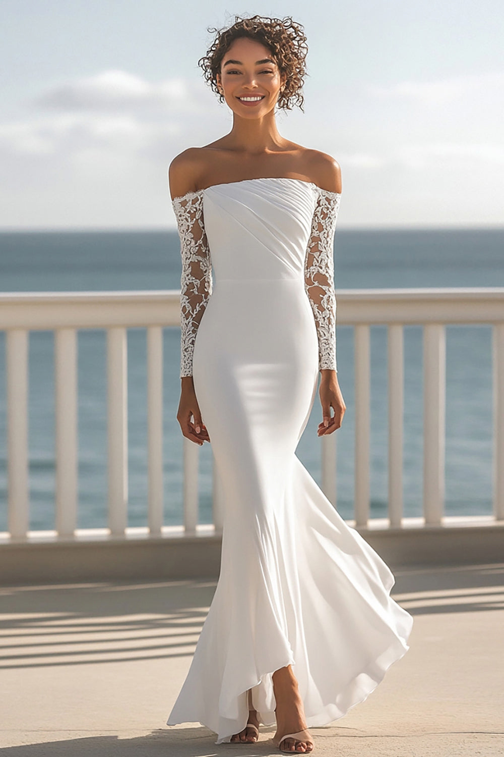 Ivory Mermaid Chiffon Maxi Rehearsal Dinner Dress with Long Sleeves