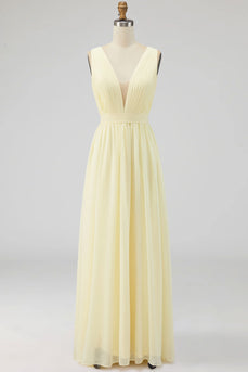 Chiffon Daffodil Deep V Neck Ruched Beach Maxi Engagement Dress