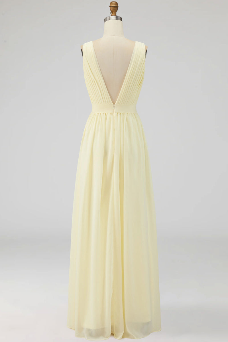 Load image into Gallery viewer, Chiffon Daffodil Deep V Neck Ruched Beach Maxi Engagement Dress
