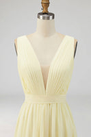 Load image into Gallery viewer, Chiffon Daffodil Deep V Neck Ruched Beach Maxi Engagement Dress