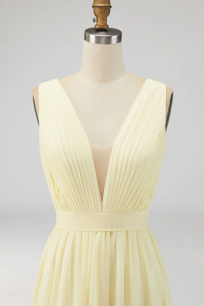 Load image into Gallery viewer, Chiffon Daffodil Deep V Neck Ruched Beach Maxi Engagement Dress