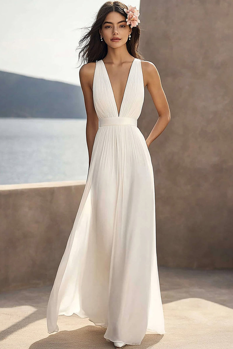 Load image into Gallery viewer, Chiffon Ivory Deep V-Neck Ruched Beach Maxi Engagement Dress