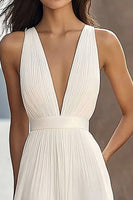 Load image into Gallery viewer, Chiffon Ivory Deep V-Neck Ruched Beach Maxi Engagement Dress