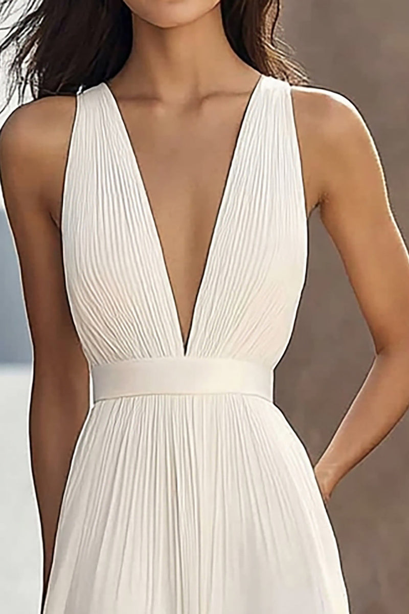 Load image into Gallery viewer, Chiffon Ivory Deep V-Neck Ruched Beach Maxi Engagement Dress
