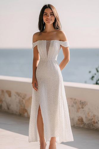 Sparkly Sequin Off the Shoulder Ivory Maxi Rehearsal Dinner Dress with Slit