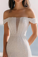 Load image into Gallery viewer, Sparkly Sequin Off the Shoulder Ivory Maxi Rehearsal Dinner Dress with Slit