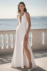 Load image into Gallery viewer, Satin Ivory Sheath Deep V-Neck Maxi Wedding Reception Dress with Slit