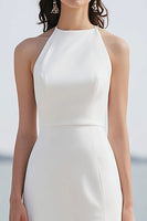 Load image into Gallery viewer, Ivory Satin Sheath Halter Maxi Rehearsal Dinner Dress with Slit