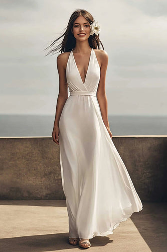 Chiffon Deep V-Neck A Line Ivory Maxi Rehearsal Dinner Dress