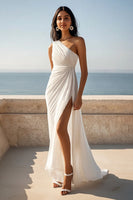 Load image into Gallery viewer, Chiffon One Shoulder Ruched Ivory Maxi Rehearsal Dinner Dress with Slit
