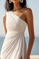 Load image into Gallery viewer, Chiffon One Shoulder Ruched Ivory Maxi Rehearsal Dinner Dress with Slit