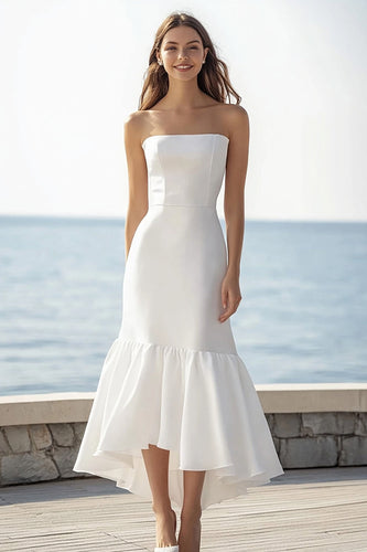 Simple Satin Strapless Ivory Ruffled Maxi Rehearsal Dinner Dress
