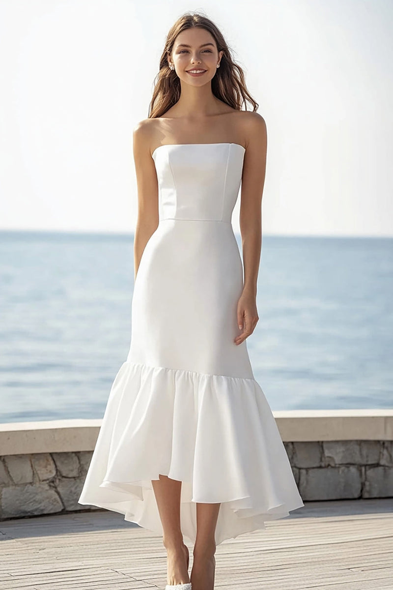 Load image into Gallery viewer, Simple Satin Strapless Ivory Ruffled Maxi Rehearsal Dinner Dress