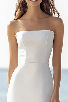 Simple Satin Strapless Ivory Ruffled Maxi Rehearsal Dinner Dress