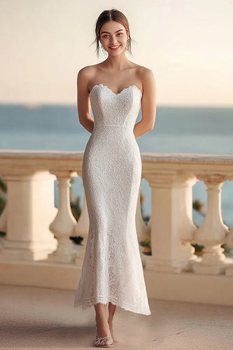 Women Ivory Lace Maxi Rehearsal Dinner Dress Sweetheart Mermaid Engagement Dress