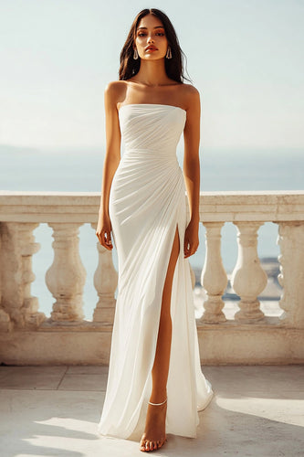 Strapless Ivory Ruched Chiffon Mermaid Maxi Engagement Dress