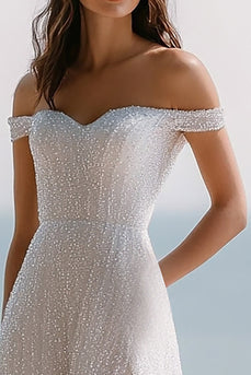 Sparkly Sequin A Line Ivory Maxi Wedding Reception Dress with Slit