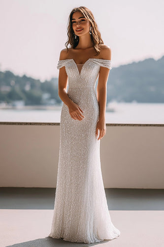 Sparkly Ivory Sequin Mermaid Maxi Rehearsal Dinner Dress