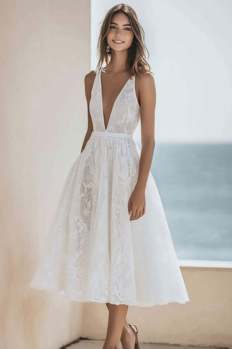 Lace Deep V-Neck Ivory A Line Maxi Engagement Dress