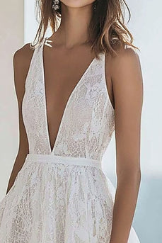 Lace Deep V-Neck Ivory A Line Maxi Engagement Dress