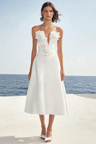 Floral Strapless Ivory Satin Maxi Rehearsal Dinner Dress