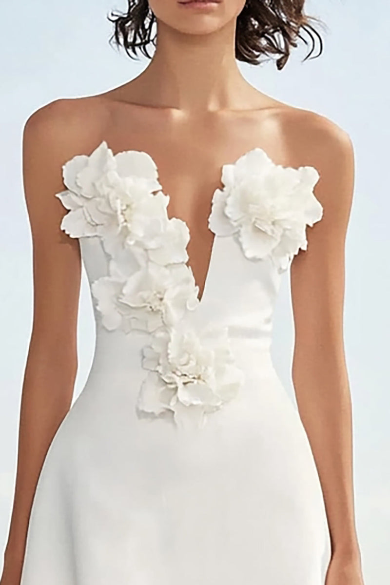 Load image into Gallery viewer, Floral Strapless Ivory Satin Maxi Rehearsal Dinner Dress