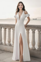 Load image into Gallery viewer, Ivory Sheath Ruffled Satin Maxi Rehearsal Dinner Dress with Slit