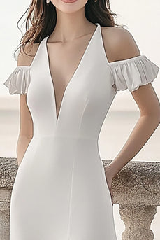 Ivory Sheath Ruffled Satin Maxi Rehearsal Dinner Dress with Slit