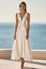 Load image into Gallery viewer, Simple Ivory Satin Deep V-Neck A Line Maxi Rehearsal Dinner Dress