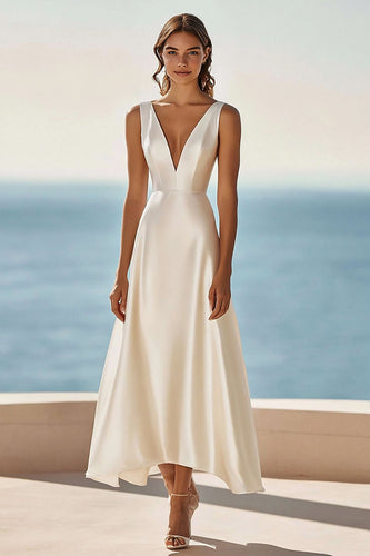 Simple Ivory Satin Deep V-Neck A Line Maxi Rehearsal Dinner Dress