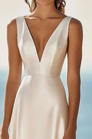 Load image into Gallery viewer, Simple Ivory Satin Deep V-Neck A Line Maxi Rehearsal Dinner Dress