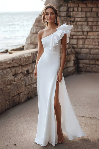 Ivory One Shoulder Ruffled Maxi Satin Rehearsal Dinner Dress with Slit