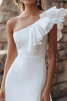 Load image into Gallery viewer, Ivory One Shoulder Ruffled Maxi Satin Rehearsal Dinner Dress with Slit
