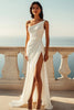 Load image into Gallery viewer, Ivory One Shoulder Ruched Maxi Chiffon Rehearsal Dinner Dress with Slit
