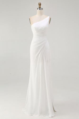 Ivory Chiffon Ruched One Shoulder Maxi Rehearsal Dinner Dress with Slit