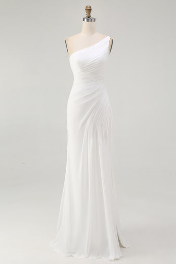 Ivory Chiffon Ruched One Shoulder Maxi Rehearsal Dinner Dress with Slit