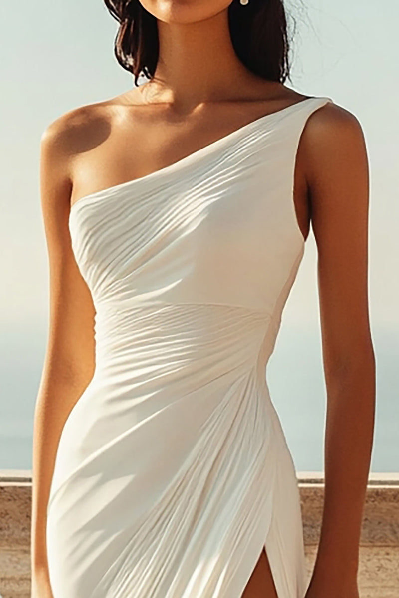 Load image into Gallery viewer, Ivory One Shoulder Ruched Maxi Chiffon Rehearsal Dinner Dress with Slit
