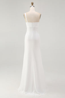 Ivory Chiffon Ruched One Shoulder Maxi Rehearsal Dinner Dress with Slit