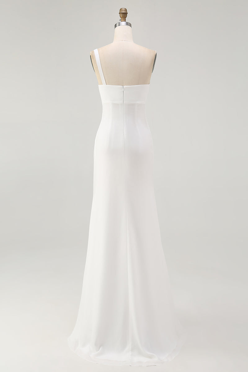 Load image into Gallery viewer, Ivory Chiffon Ruched One Shoulder Maxi Rehearsal Dinner Dress with Slit